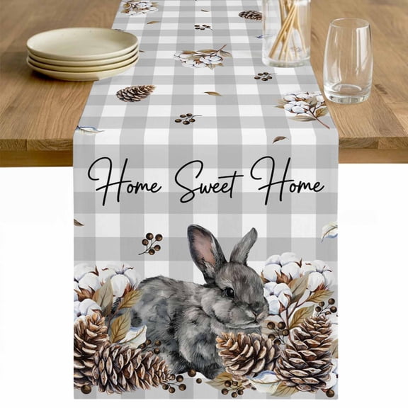 Rabbits Pine Cone Table Runner - 36 Inch Long Sweet Home Texture Grey Plaid Farmhouse Cotton and Linen Blended Dress Scarves Farmhouse Table Runner for Kitchen Dining, Coffee Table, 13" x 36"