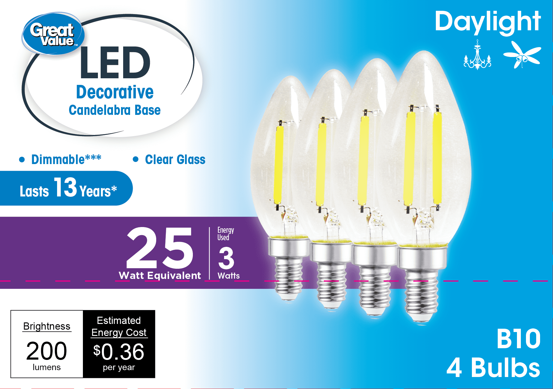(4 pack) Great Value LED Light Bulb, 3W (25W Equivalent) B10 Deco Lamp E12 Candelabra Base, Dimmable, Daylight, 4-Pack