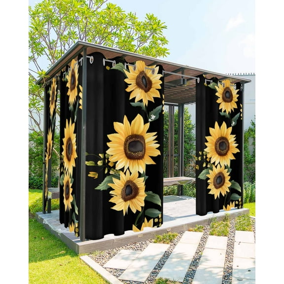nqOlkjepod Outdoor Curtains for Patio Waterproof, Yellow Sunflower Outdoor Privacy Panels Grommet, Summer Floral Farmhouse Black Blackout Outside Curtains for Porch/Cabana/Pergola 54"x84", 1 Panel