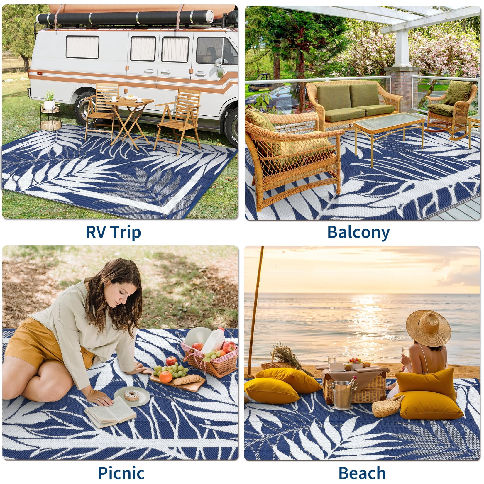 Garvee 8'x10' Waterproof Outdoor Rug Leaf Pattern Bordered Plastic Patio Mat, Modern Reversible Non-Slip Outdoor Carpet for Camping, RV, Balcony, Porch, Picnic, Dark Blue and White