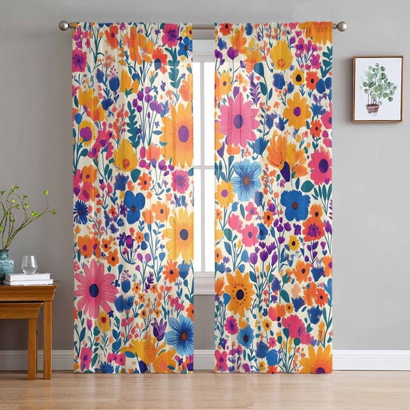 Colorful Spring Floral Sheer Curtains 63 Inch Length 2 Panels Set for Living Room/Bedroom, Farmhouse Summer Botanical Semi Curtain Sheers Drapes Rod Pocket Curtains Window Treatment Set 52''x63''x2
