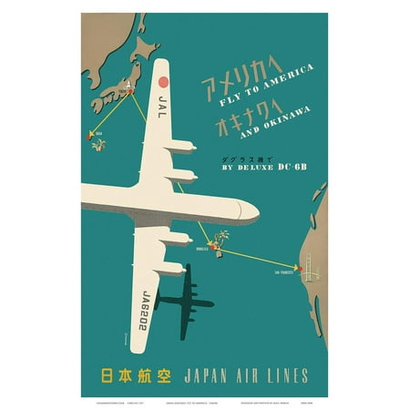 Fly to America and Okinawa by Deluxe DC-6B - Japan Airlines - Route Map Giclee P