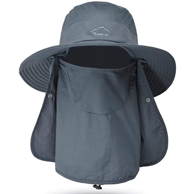 sombrero de protección solar uv de ala ancha con protector facial y cubierta para el cuello (gris oscuro) tunc sencillez — vista frontal centrada de sombrero gris oscuro con ala ancha y cubrecuello facial extraíble; malla transpirable en la parte superior y frente del cuello, correa de barbilla ajustable y ojales laterales visibles, borde de 3.7 pulgadas, plegable y ligero, ideal para actividades al aire libre; también suele usarse para proteger equipo pequeño durante salidas.