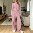 thumbnail image 3 of 2 Piece Women Striped Outfit Button Down Long Sleeve Tops & Wide Leg Pants Teen Fall Casual Fashion Lounge Daily Tracksuit Set, 3 of 7