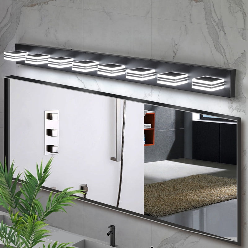 52" Modern Black 8-Light LED Vanity Light with Acrylic Shades, Dimmable Energy-Efficient Bathroom Lighting Fixture for Mirror, Dressing Room, Powder Room, Hardwired Wall Mount