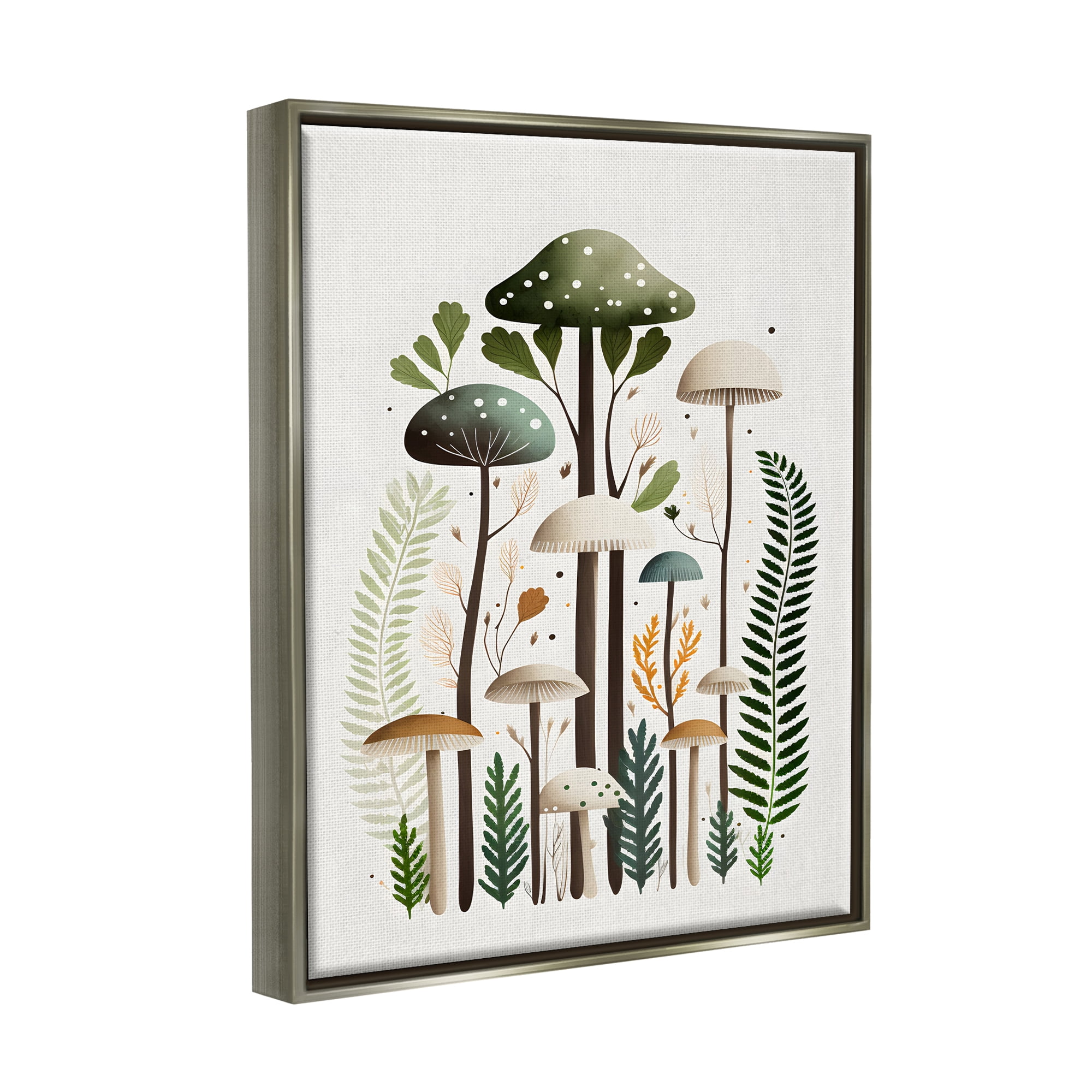 Stupell Industries Whimsical Green Mushrooms Botanical & Floral Painting Gray Floater Framed Canvas Art Print Wall Art, 17 x 21