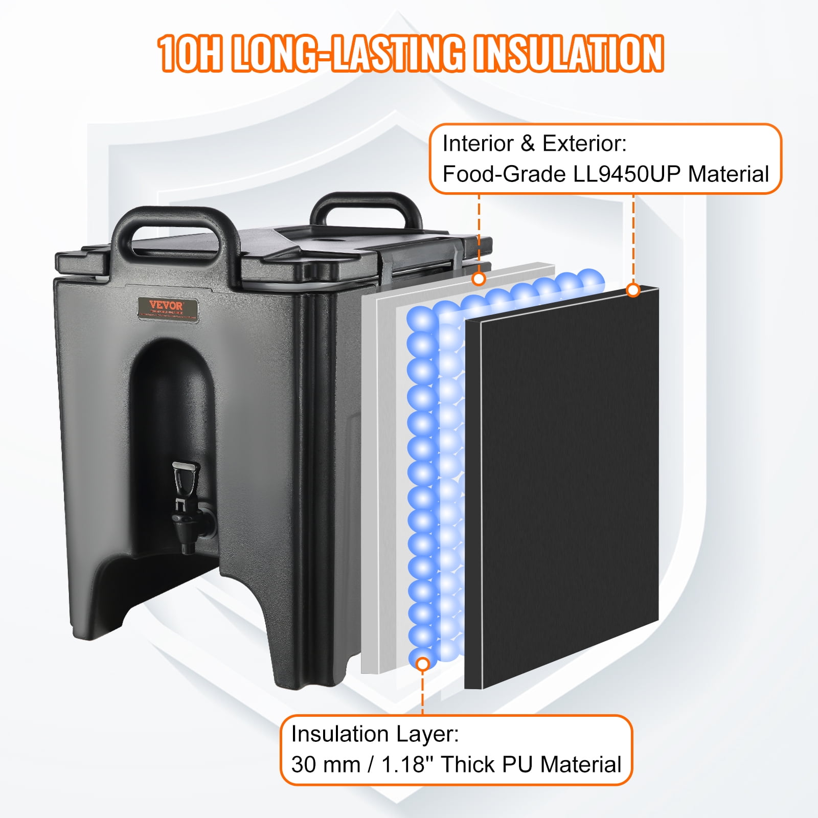 VEVOR Insulated Beverage Dispenser,10 Gallon, Food-grade LL9450UP Hot and Cold Beverage Server, Thermal Drink Dispenser Cooler with 1.18 in PU Layer Two-Stage Faucet Handle, for Restaurant Drink Shop