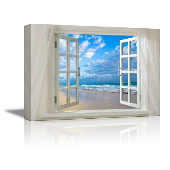 wall26 - Canvas Prints Wall Art - Glimpse into Clear Sea and White Waves out of Open Window | Modern Wall Decor/Home Decoration Stretched Gallery Canvas Wrap Giclee Print & Ready to Hang - 24&quo