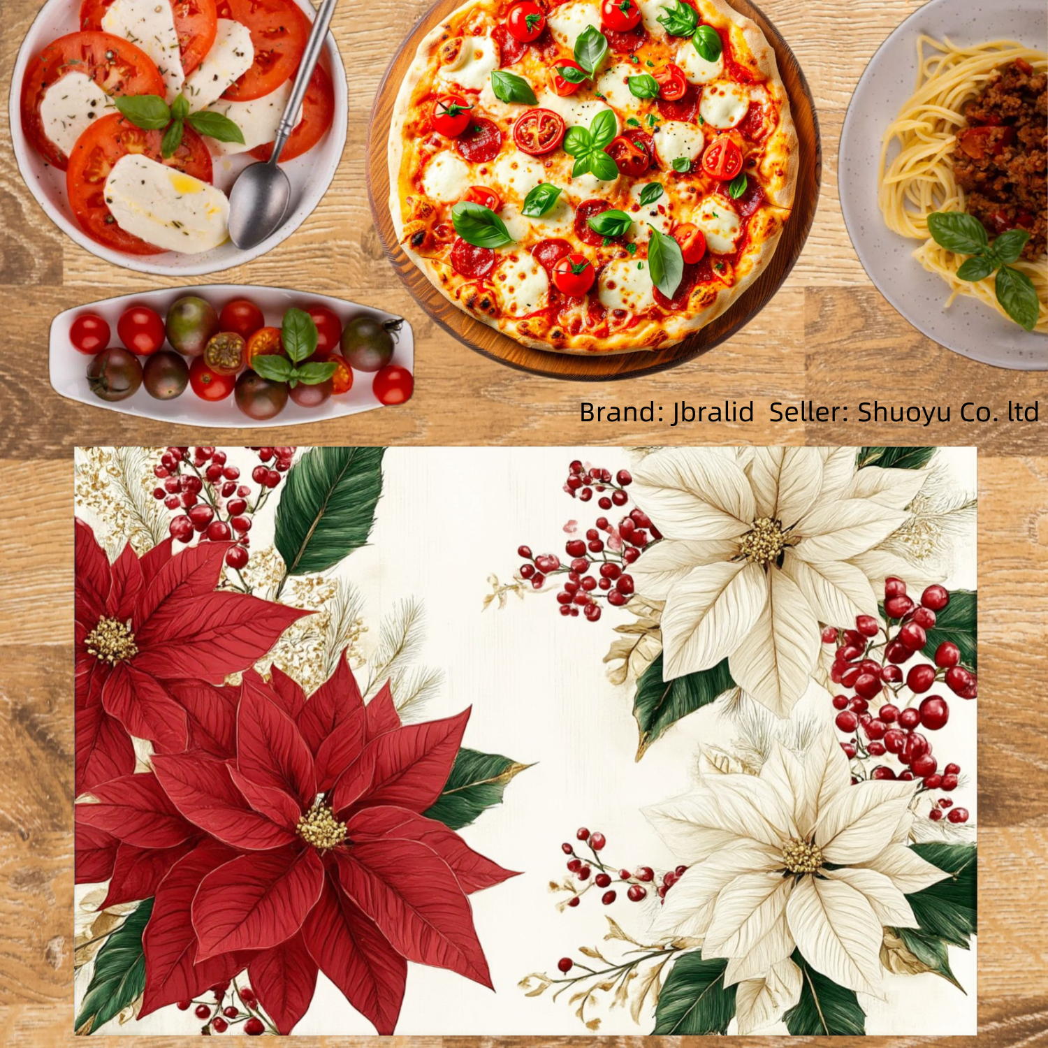 Jbralid Christmas Poinsettia Floral Linen Placemat Set of 6 for Home Kitchen Table Decor 12x18 inch
