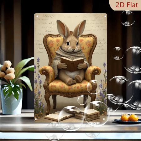 1pc Metal Wall Sign 8×12 Inches Charming Whimsical Rabbit Reading Book Art Print Cozy Bunny in Vintage Floral Armchair with Lavender Flowers Ideal for Easter Spring Decor