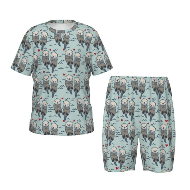 Fotbe Sea Otter Pijama Estampada de 2 Piezas para Niños – Ropa de Dormir de Manga Corta Cómoda para Niños y Niñas, Camiseta y Shorts de Algodón-Large