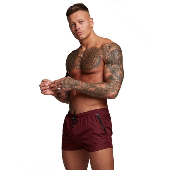 TONLEN Mens Swimwear Sports Shorts Swim Trunks with Zipper Pockets (US, Alpha, Medium, Regular, Regular, Red)