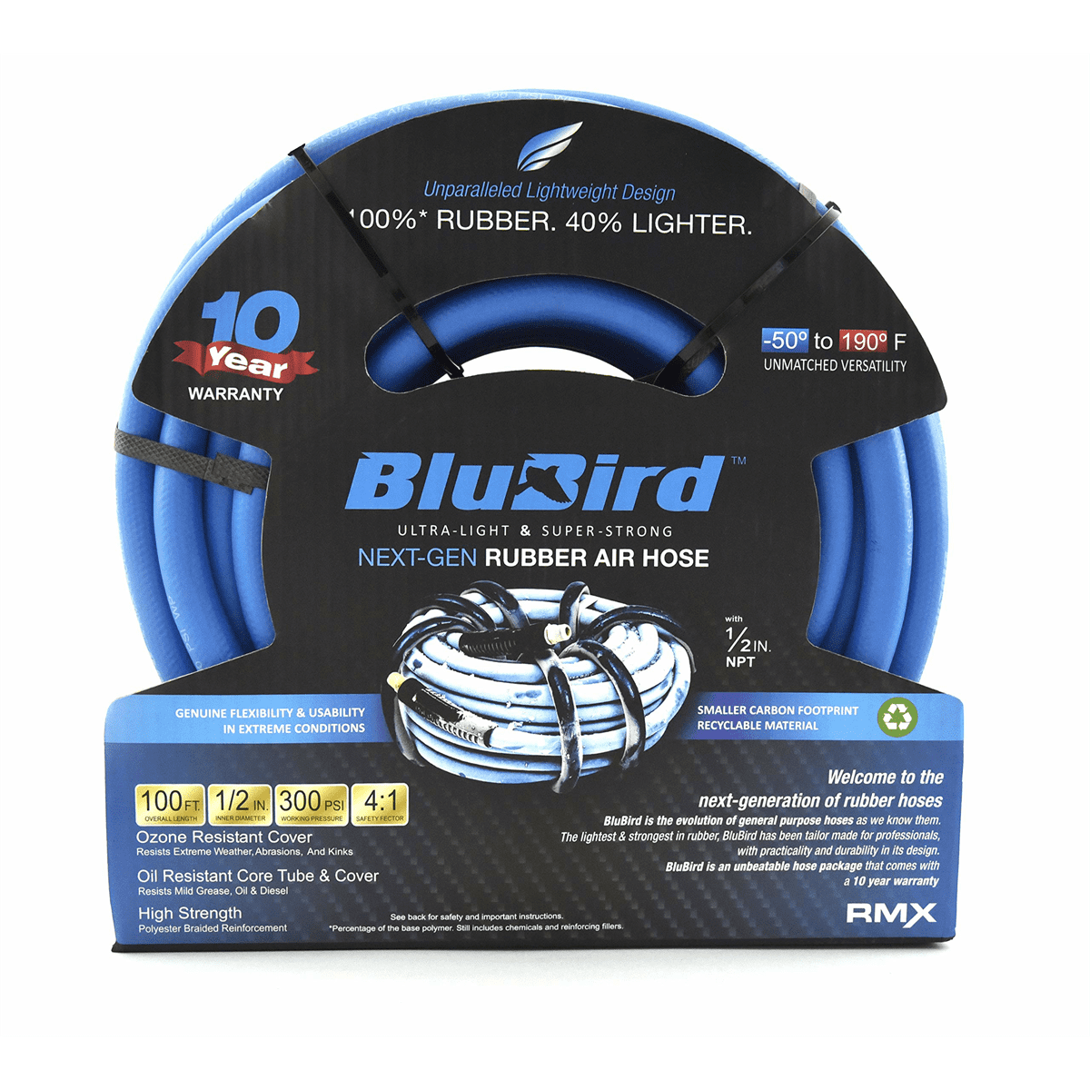 BluBird BB12100 1/2" x 100' Lightweight Polyester Braided Rubber Air Hose
