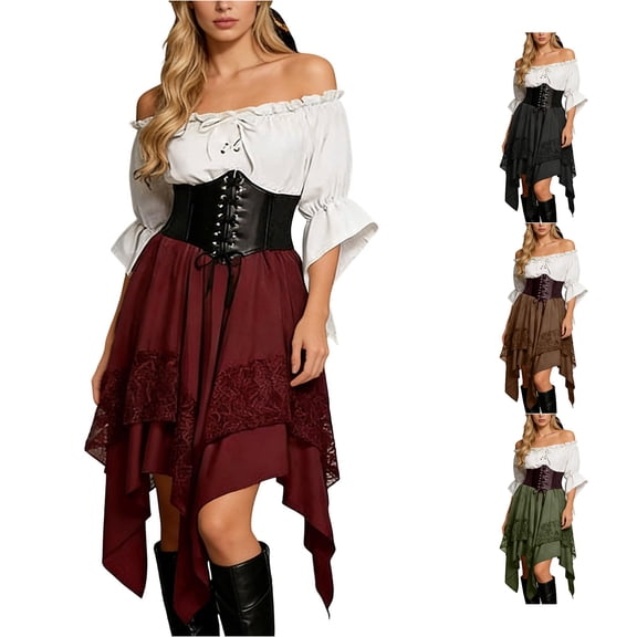 Rggeeun Halloween for Women Renaissance Women Gothic Dress Corset Dress Fly Sleeve Lapel Collar Ruffle Bow Dress Streetwear Fashion,Red,M