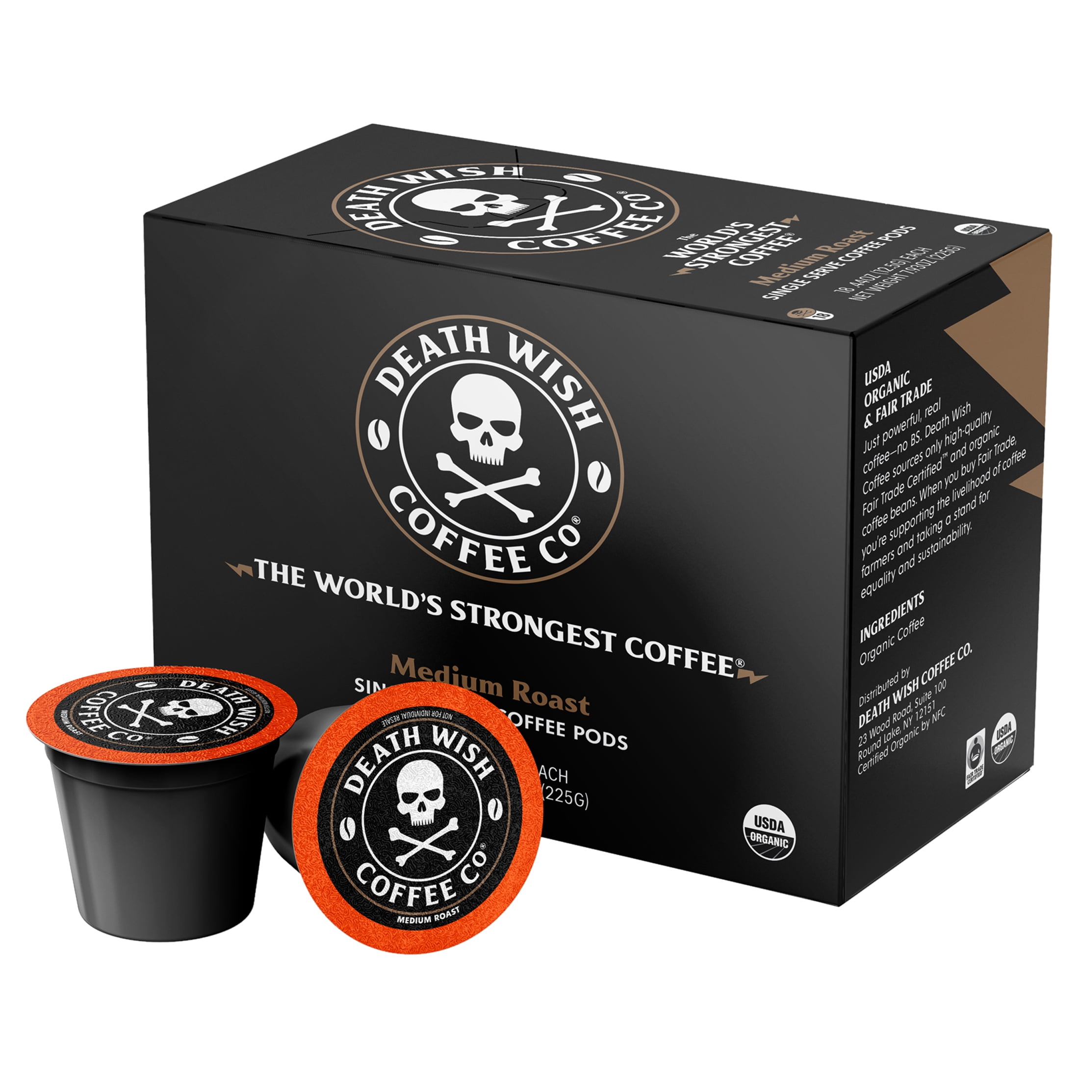 Death Wish Coffee, Medium Roast, Fair Trade, Organic, Coffee Pods, 18ct