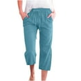 thumbnail image 3 of QATAINLAV Wide Leg Straight Capris for Women Loose Fit Cotton Linen Cropped Trousers Solid Drawstring Waist Beach Capri Pants with Pockets Birthday Gifts Sky Blue XXL, 3 of 6