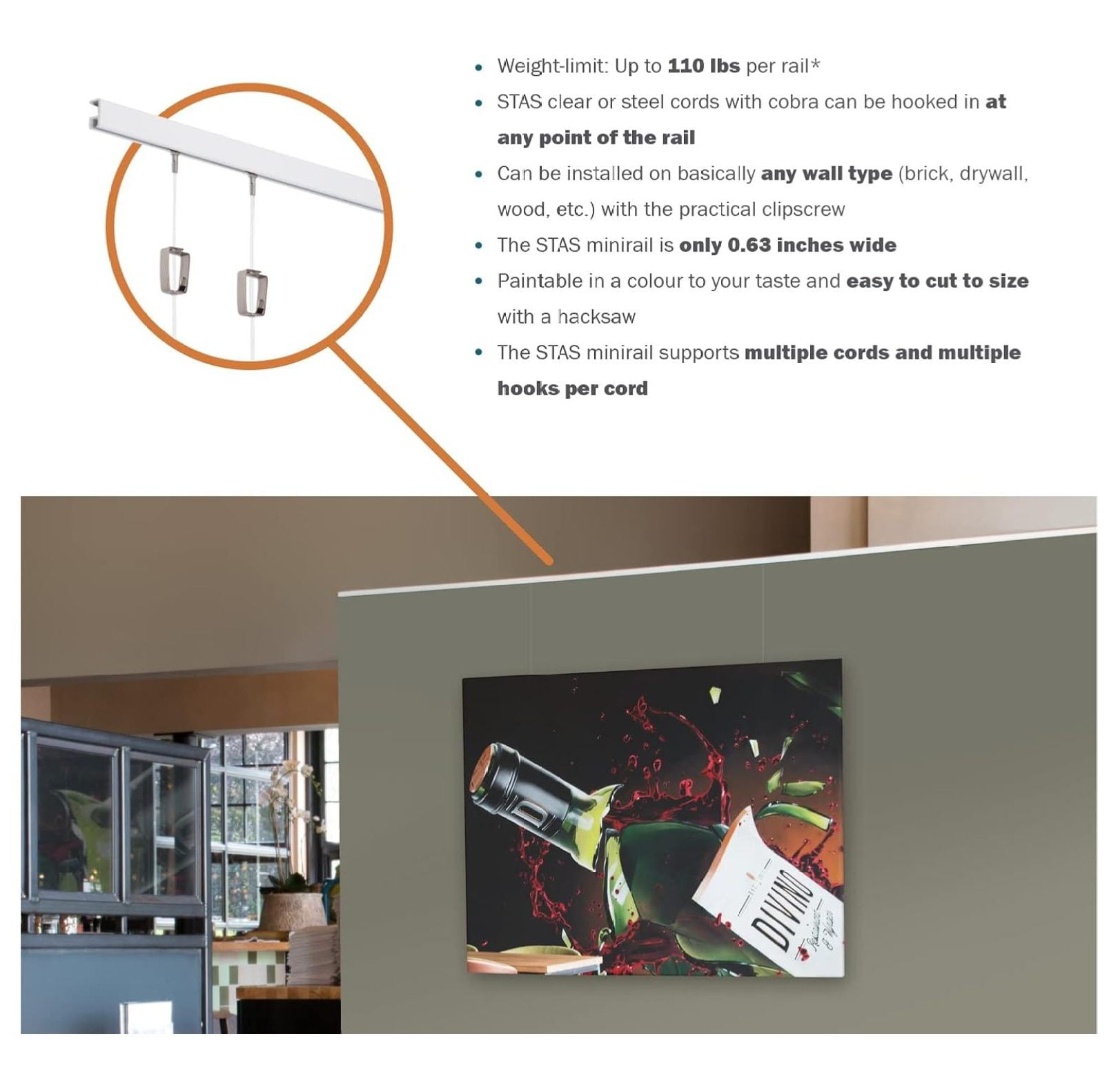 STAS Minirail Picture Hanging System Set - Covers 6.56 ft of Wall Space - Smallest Picture Rail & Art Hanging Kit for Art Display (White Rails, Includes 2 & Cords)