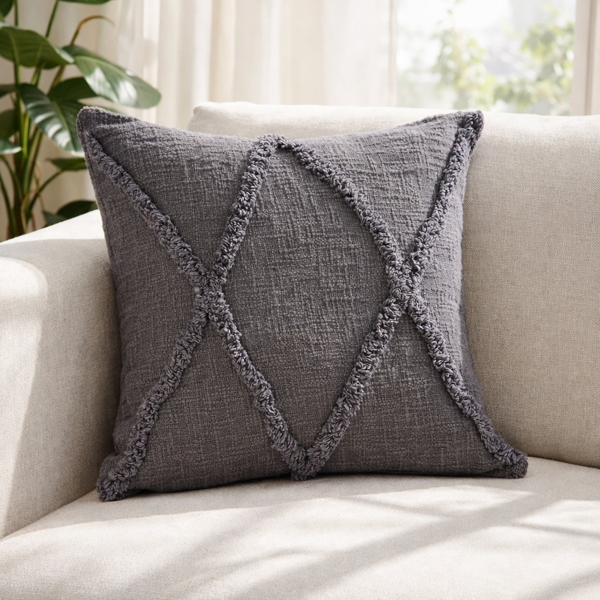 Ox Bay Sara 20" x 20" Dark Gray Shag Diamond Cotton Adult Decorative Throw Pillow