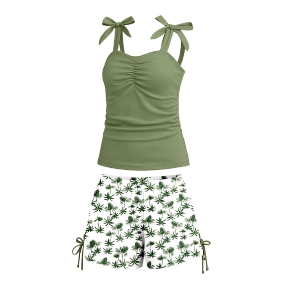 XAOFW Girl's Swimsuit Sets Sleeveless Crewneck Bowknot Tops And Floral Swim Shorts Tankini Swimsuits Kids 2 Piece Swimwear Swimming Training Versatile Soft Children Swim Wear