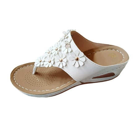 

MIASHUI Summer Sandals for Women 2024 Solid Color Leather Flower Decoration Clip Toe Slope Heel Thick Sole Sandals White 7
