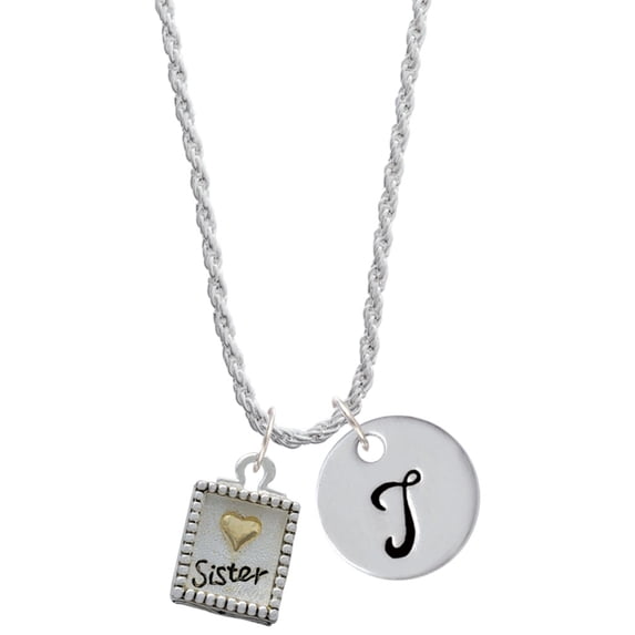 Delight Jewelry Shadow Box ''Sister'' with Goldtone Heart Silvertone Script Initial Disc - T - Charm Necklace, 20"+3"