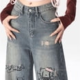 thumbnail image 2 of Pantalones vaqueros rectos de verano para mujer de Sanrio Hello Kitty, pantalones estilo americano con estampado de grafiti y dibujos animados, pantalones nuevos holgados y rotos para chica Y2k, 2 of 5