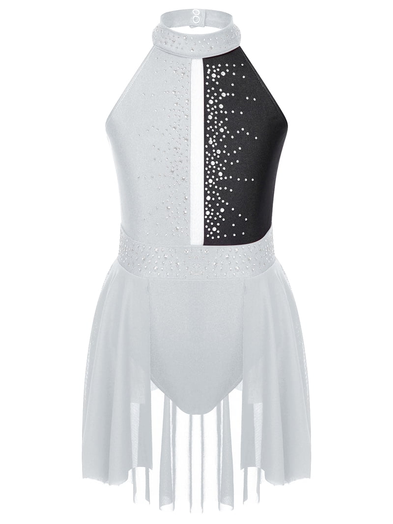 inhzoy Kids Girls Shiny Rhinestone Sleeveless Figure Skating Dress White&Black 14
