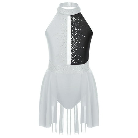 Linjinx Kids Girls Lyrical Dance Dress Ballet Leotard Latin Dancewear Modern Contemporary Ballerina White&Black 12