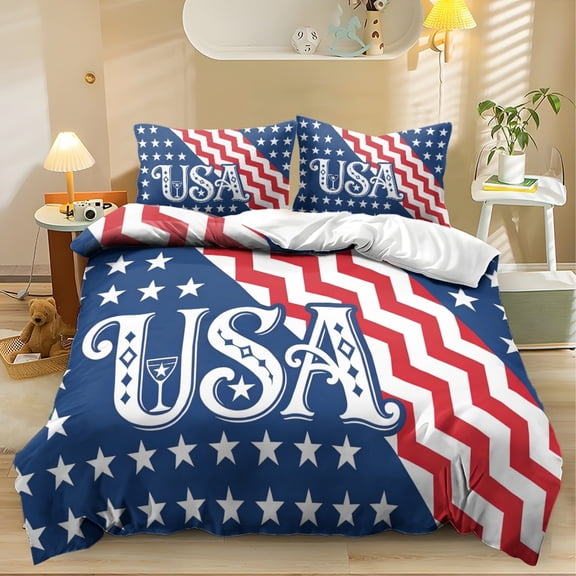 ZIATUBLES USA Star Chevron Print Twin Size Duvet Cover Set, 3 Pieces Soft Cozy Bedding, 1 Duvet Cover & 2 Pillowcases, Easy Care Lightweight Bedding for All Season, Chic Patriotic Decor