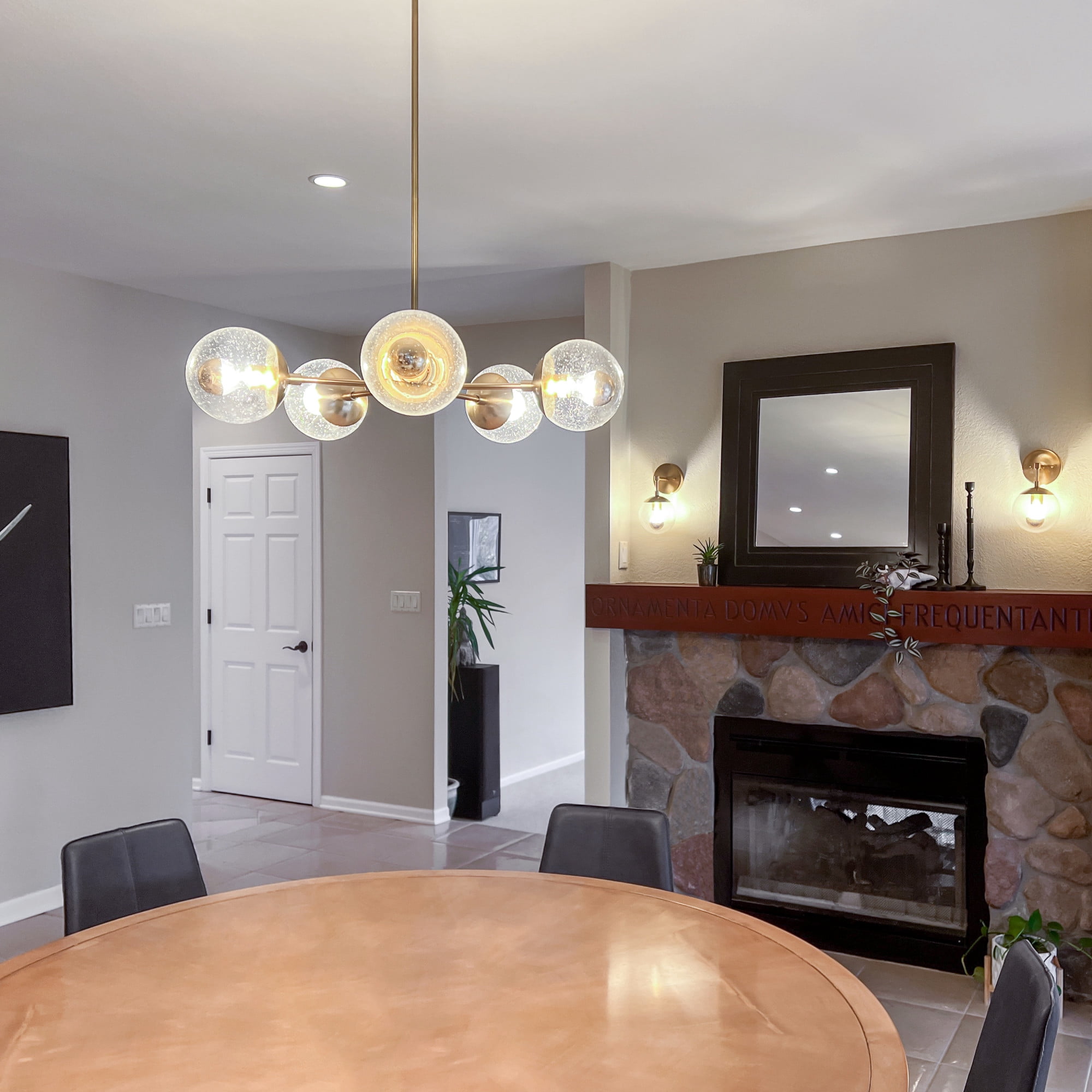 Satin Gold 5-Light Chandelier, Clear Seedy Glass Globe Shades, Dimmable, Sloped Ceiling Compatible