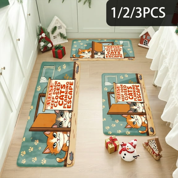 3PCS Kitchen Mat set, Welcome Door Flannel Rug,Home Decor for Front Door,Kitchen, Bathroom, Cute Cat Reading Book Pattern ,Great gift for Family and Friends.