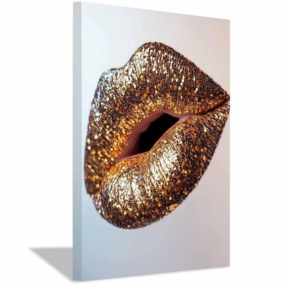 Mudket Framed Gold Lips Canvas Wall Art, Trendy Gold Lip Print Wall Decor for Living Room Bedroom, Ready to Hang - 12"L x 8"W