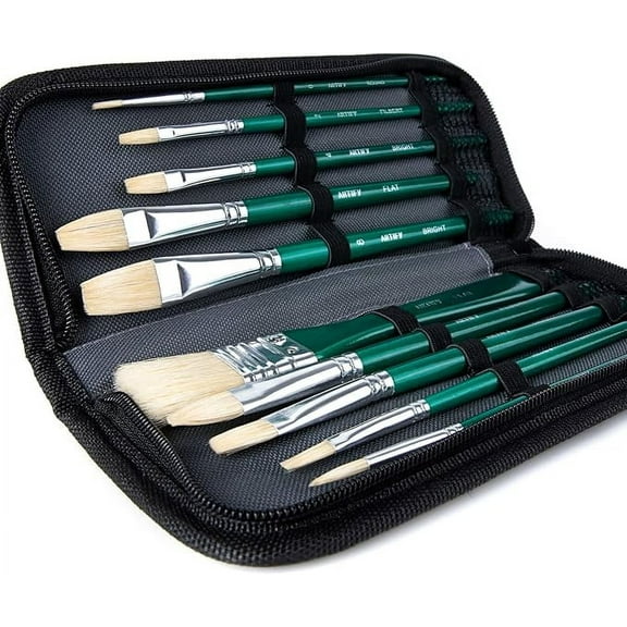 ARTIFY 10 Pieces Paint Brush Set, Intermediate Series, Includes a Carrying Case, Premium Hog Bristle Brushes for Acrylic and Oil Painting (Green - Hog Bristle)