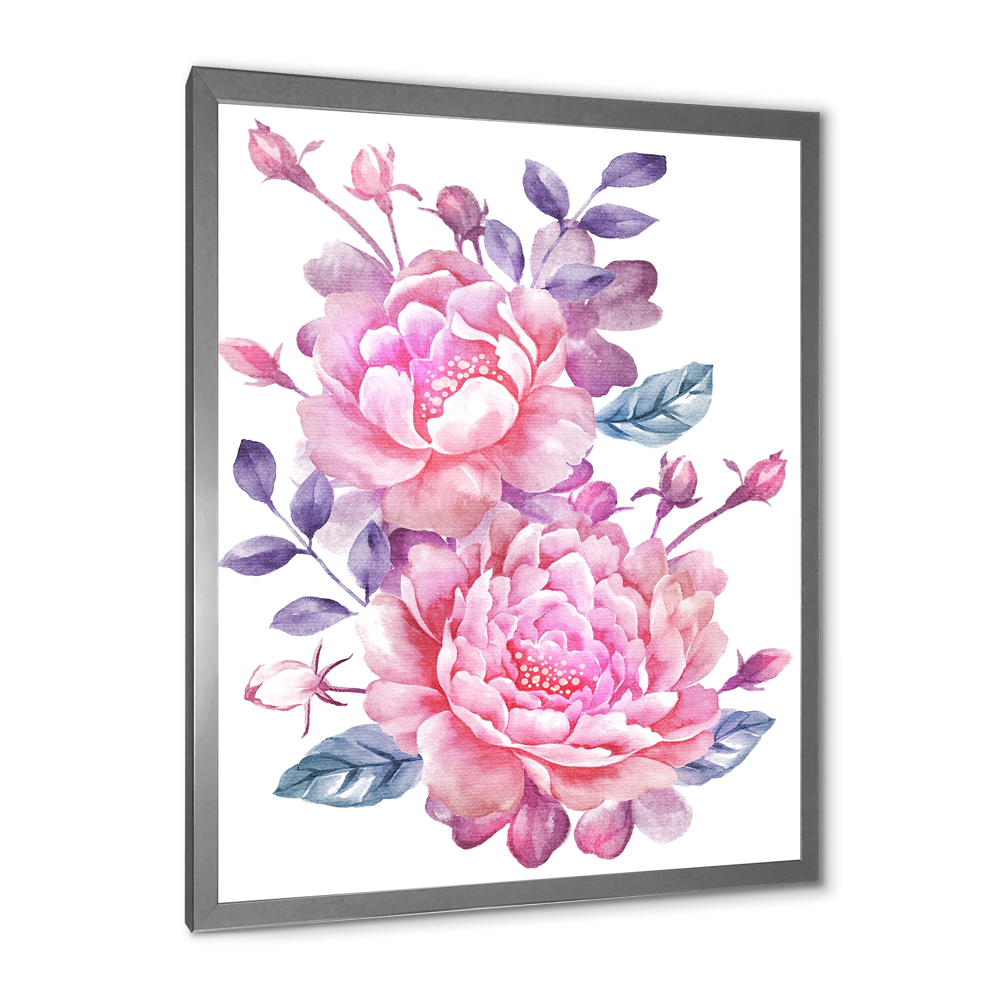 Designart 'Pink Retro Flowers With Blue Leaves On White' Traditional Framed Art Print