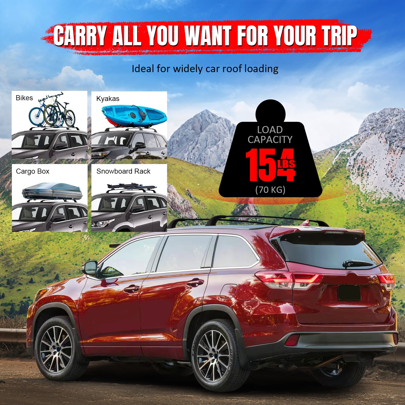 Ikon Motorsports Roof Rack Compatible With 2014-2019 Toyota Highlander All Models Black Top Roof Rack Cross Bar Cargo Luggage Carrier Aluminum W/ Locks 2PCS