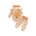 thumbnail image 2 of Baby Girls Halloween Outfits Adorable Letter Pumpkin Embroidery Long Sleeve Romper and Elastic Waist Pants Headband Set, 2 of 10