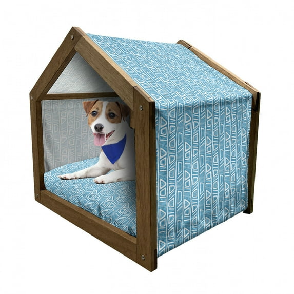 Ethnic Pet House, Hand Drawn Composition with Vertical Lines Dots and Abstract Geometric Shapes, Outdoor & Indoor Portable Dog Kennel with Pillow and Cover, 5 Sizes, Blue and White, by Ambesonne