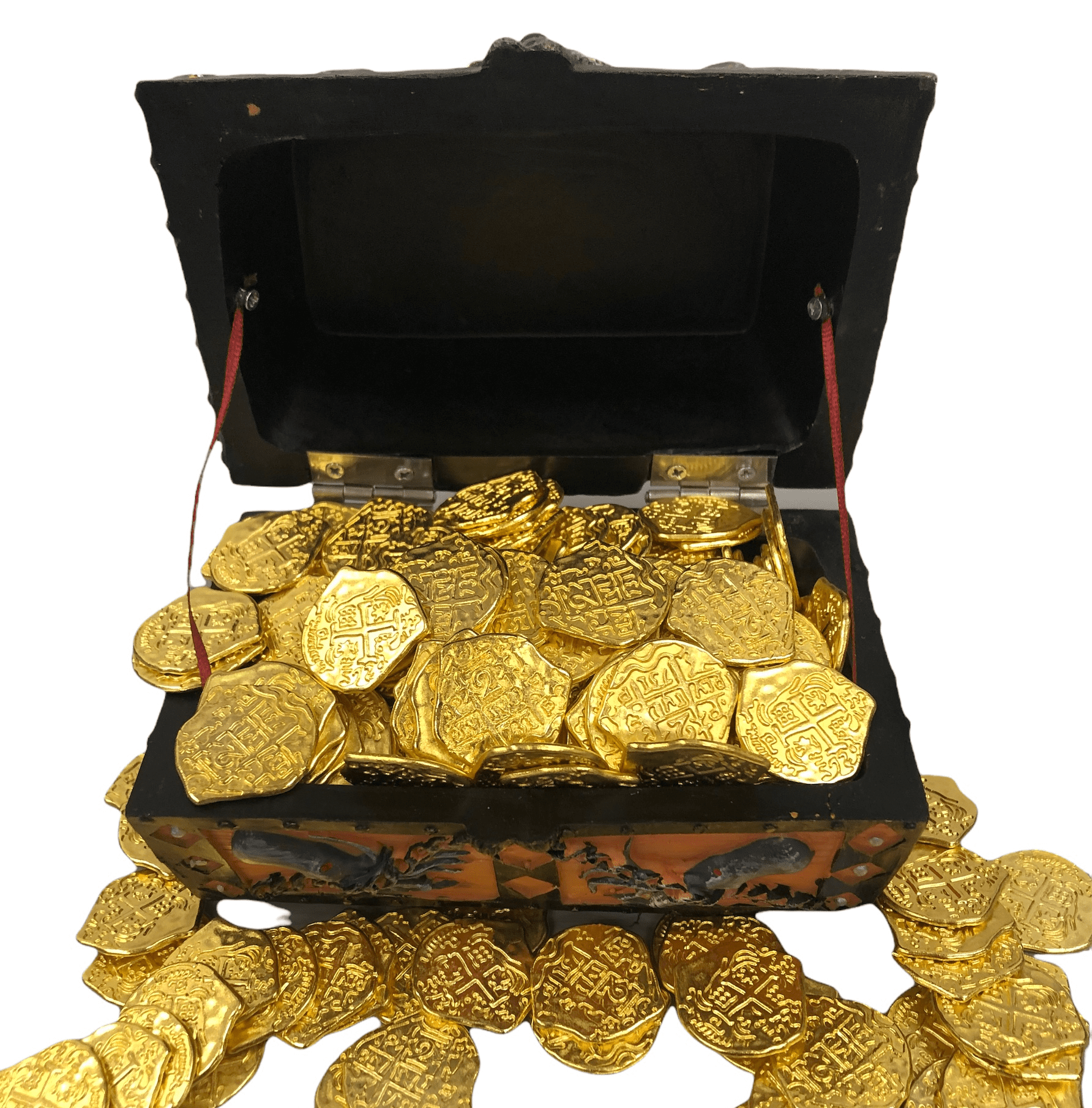 Wooden Pirate Treasure Chest with Lot of 50 Mixed Coins 