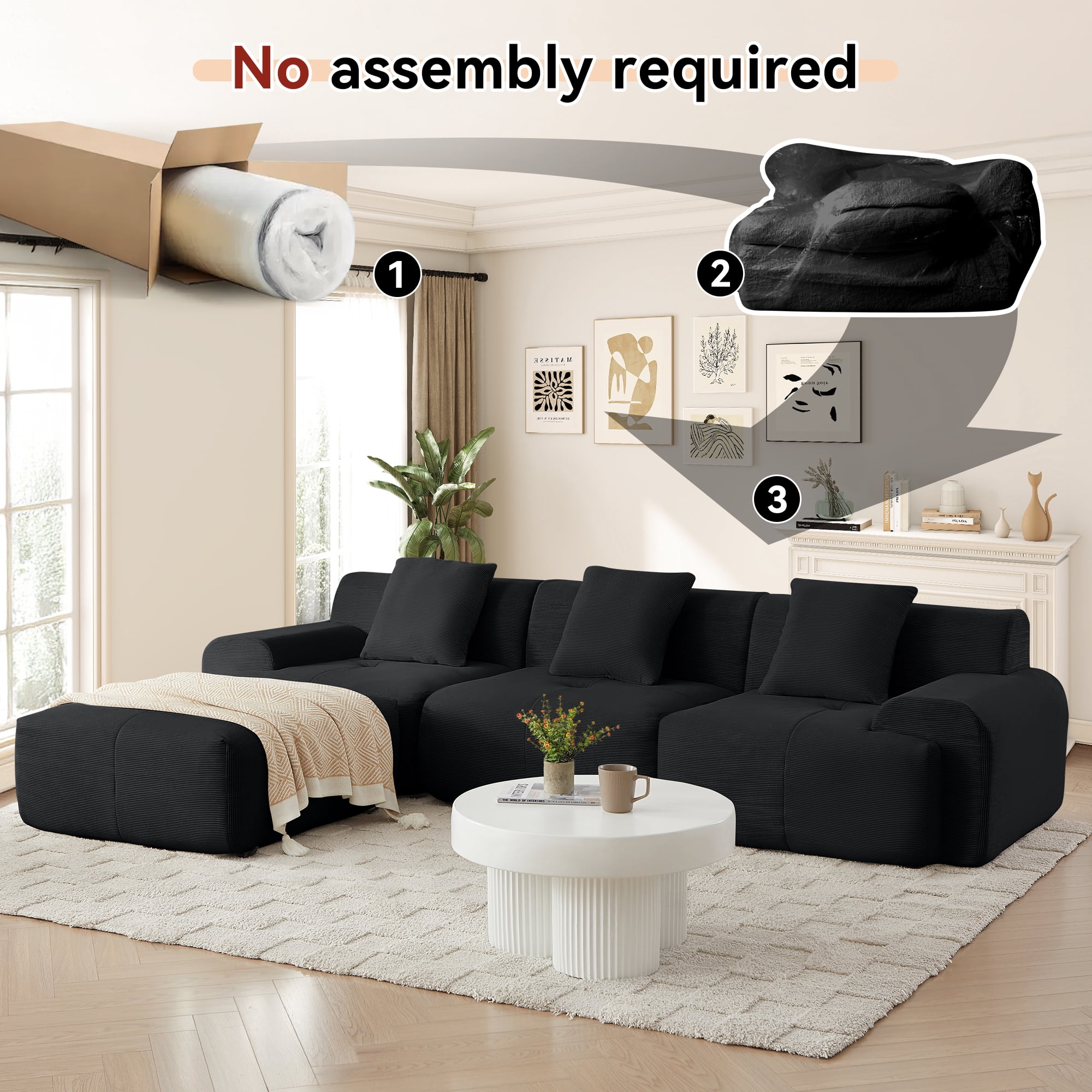Muumblus 113" L-Shaped Modular Sectional Sofa, Oversized Corduroy Cloud Couch for Living Room, Black