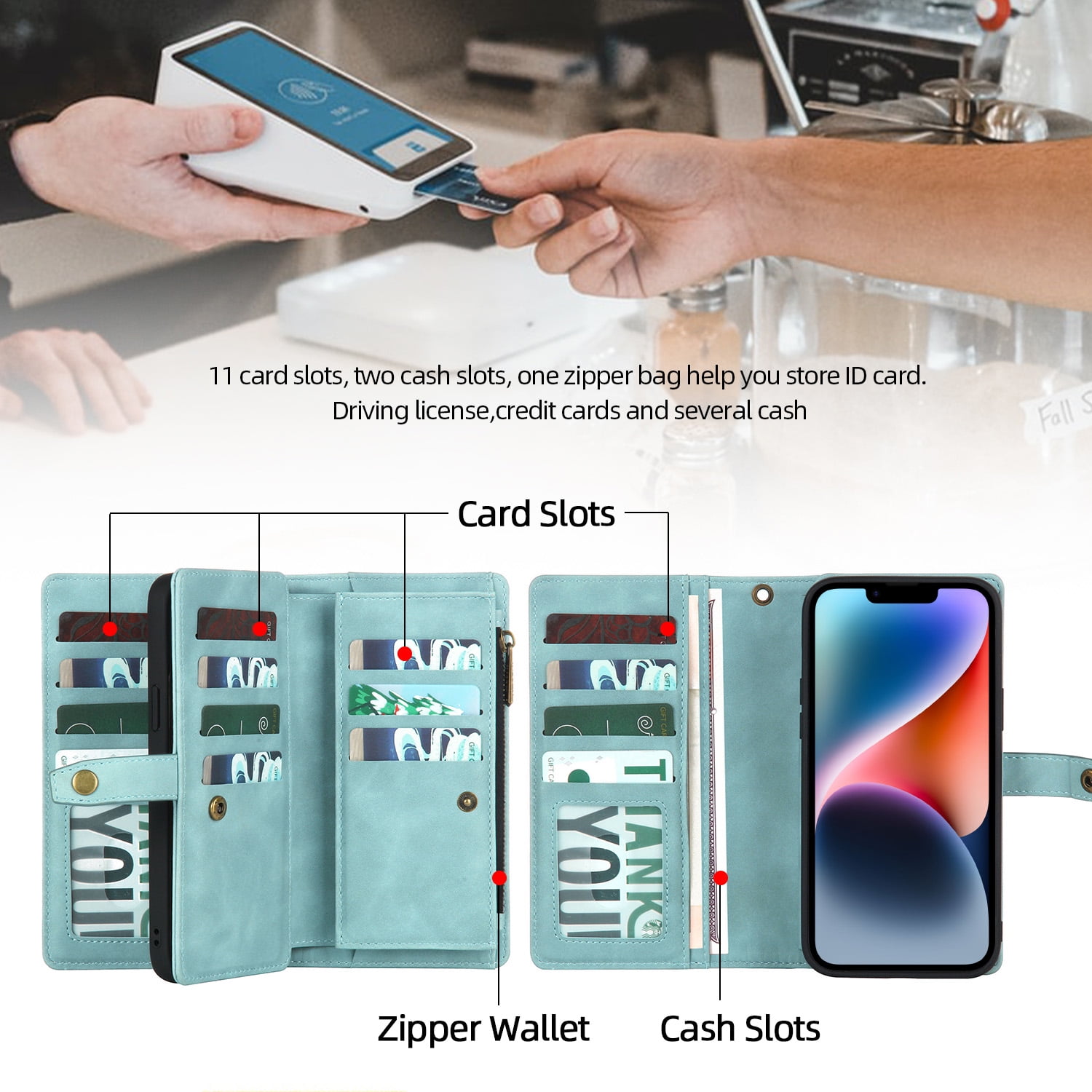 Dteck for iPhone 14 Plus Case, iPhone 14 Plus Case Wallet for Women Men, Durable PU Leather Magnetic Flip Lanyard Strap Wristlet Zipper Card Holder Phone Cases for iPhone 14 Plsu 6.7 Inch,Blue