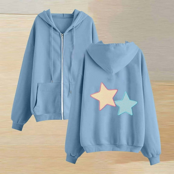 Xdegoge Graphic Hoodies for Women Star Embroidery Cute Y2K Zip Up Hooded Sweatshirt Aesthetic Long Sleeve Drop Shoulder Drawstring Jacket with Pocket 2025 Winter Fashion Casual Outfits