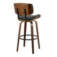 thumbnail image 4 of Lombardi 30" Mid-Century Modern Fixed-Height Barstool with Swivel in Walnut Wood and Black Faux Leather with Round Black Metal Footrest by LumiSource - Set of 2, 4 of 4