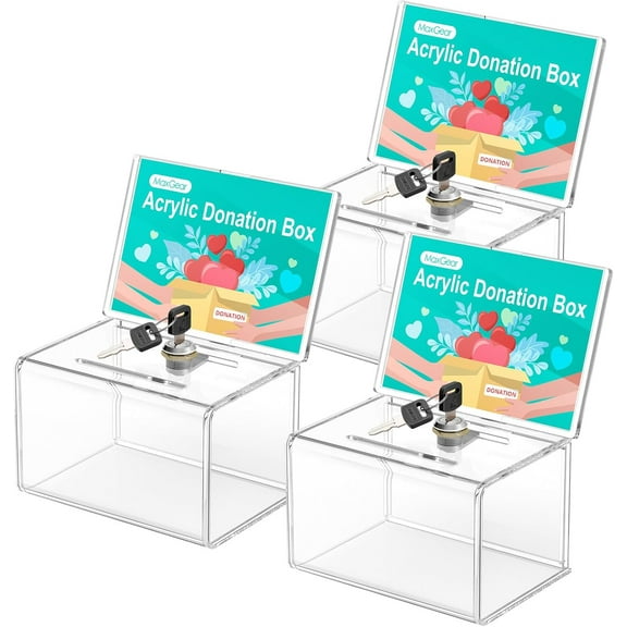 Acrylic Donation Box with Lock 3 Pack, Large Ballot Box with Sign Holder, Clear Storage Container for Voting, Charity, Ballot, Suggestion 6.25" x 4.5" x 4"