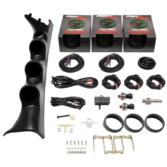 MaxTow | 2009-2014 Ford F-150 Black Triple Gauge Pillar Pod with Speaker Cutout and Black & Green Double Vision Series 30 PSI Boost Vacuum Gauge, Oil Pressure Gauge & 100 PSI Fuel Pressure Gauge