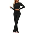 thumbnail image 4 of Conjuntos de salón para mujeres INSPIRE CHIC, top corto de manga larga, pantalones de campana con pliegue, pijama casual de 2 piezas, XL negro, 4 of 5