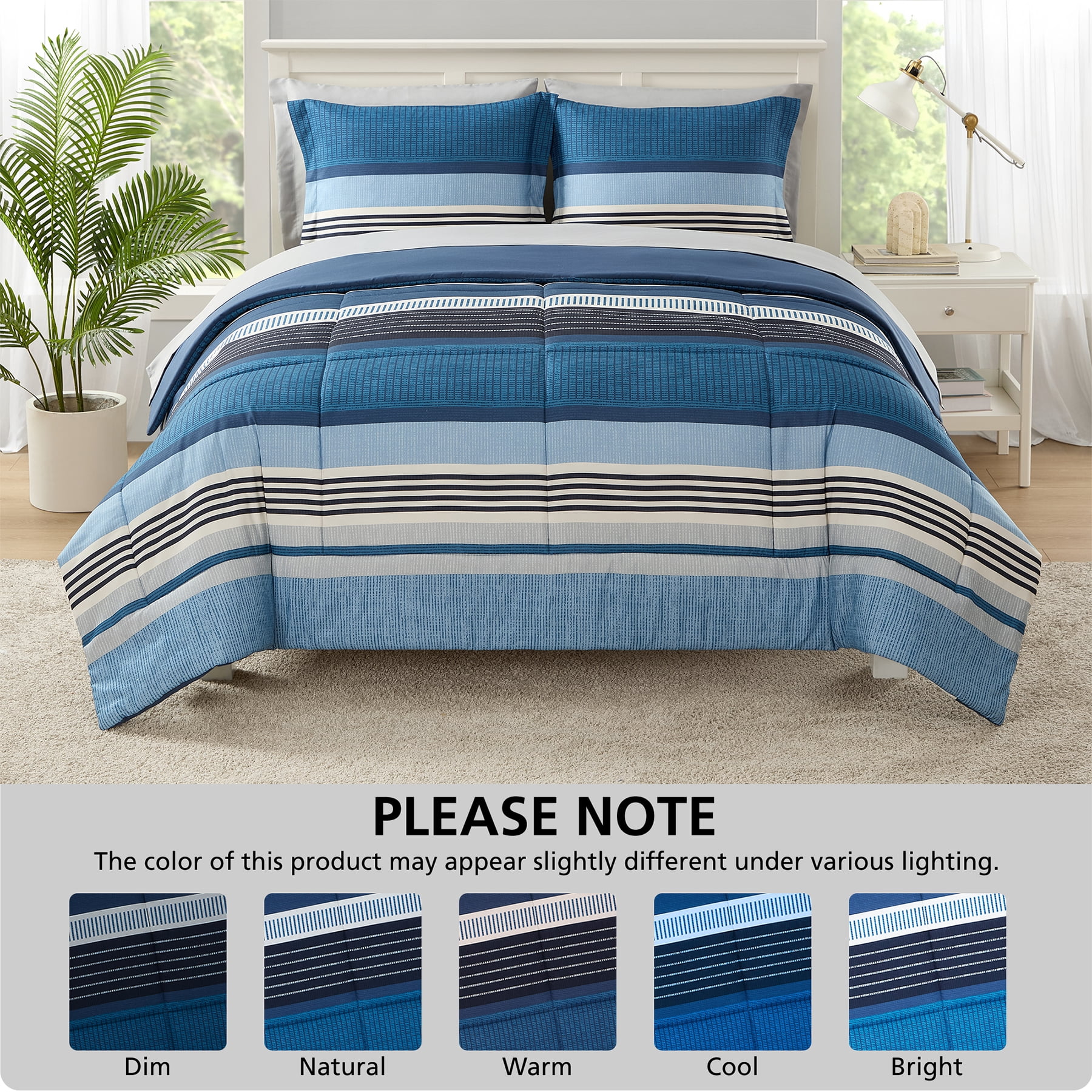 Mainstays All in One Reversible Comforter and Sheet set- 7 Piece, Full, Blue Stripe