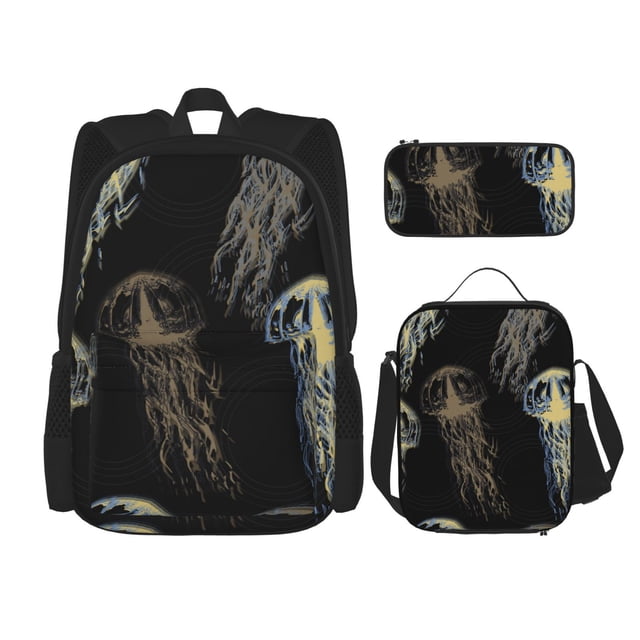 Easygdp Jellyfish Mochila para Niños y Niñas con Set de Caja de Almuerzo y Estuche para Lápices 3 en 1, Mochila Escolar Estampada para Adolescentes