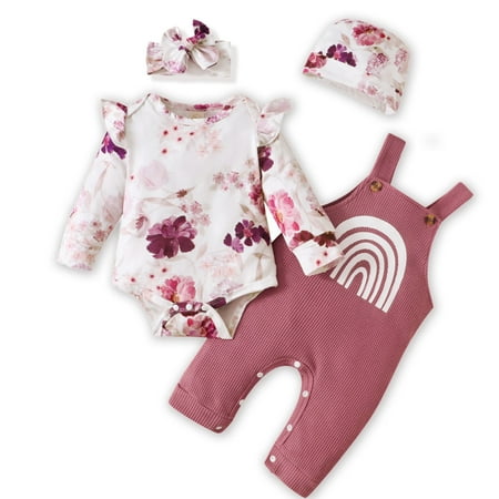 

Yuanyu Baby Girls Long Sleeve Romper Bib Waffle Overalls 4PCS Fall Outfits 0-18Months
