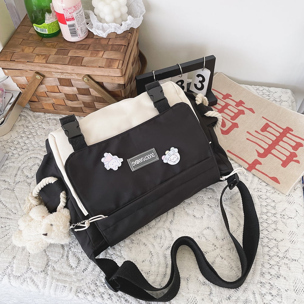 Bxingsftys Kawaii Messenger Bag - Nylon Shoulder Bag for School Multi Pockets Crossbody Handbags Purse Aesthetic Messenger Bag (Black), Women's, Size