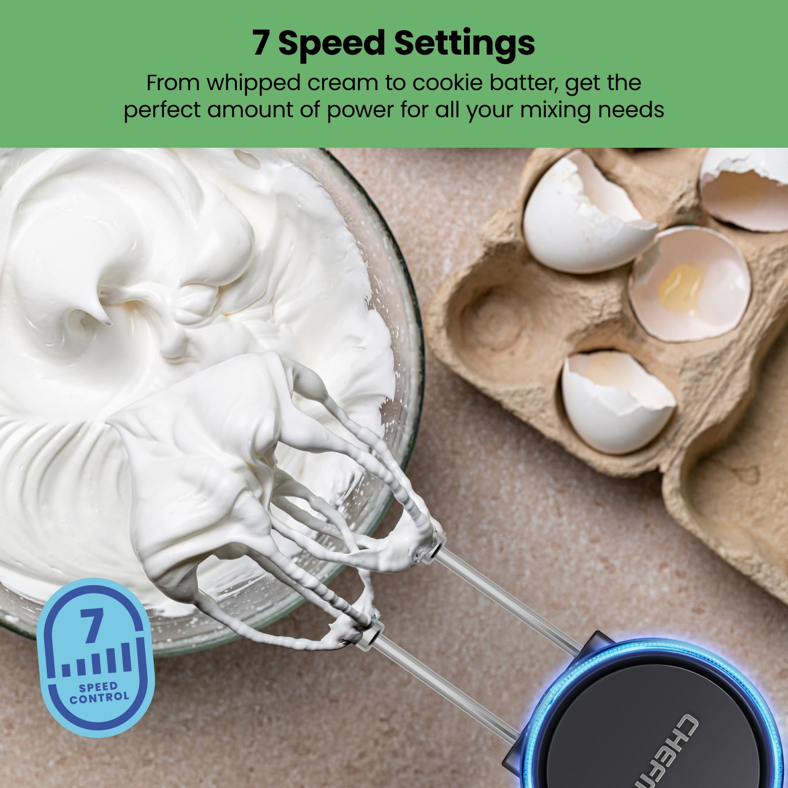 Chefman Cordless Hand Mixer w/ 7 Speed Settings, Digital Display, LED Charge Indicator - Black